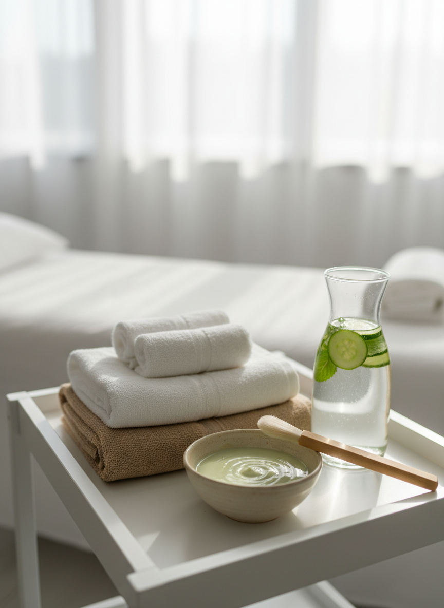 A detailed, photographic close-up of a customized facial treatment setup, featuring a neatly folded stack of organic cotton towels in soft white and warm beige on a narrow, matte white trolley. Next to them, a small ceramic bowl holds a creamy, pale green botanical mask with a smooth, glossy surface, accompanied by a sustainably sourced wooden brush with silky bristles. Beside the bowl rests a clear glass carafe of water dotted with floating cucumber slices and a sprig of mint. The background shows blurred hints of a treatment bed and a large window with sheer white curtains. Soft morning natural light creates refined highlights and delicate shadows, captured from a slightly elevated angle with shallow depth of field, emphasizing cleanliness, customization, and eco-conscious luxury.