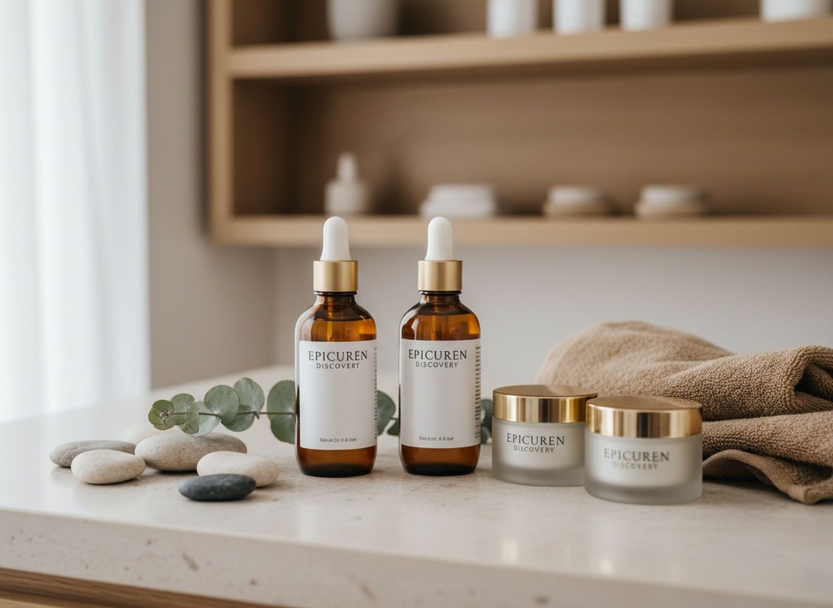 A close-up, photographic view of an elegant arrangement of Epicuren Discovery skincare products displayed on a smooth, pale stone countertop. Amber glass bottles with minimalist white labels and brushed metal caps stand beside frosted jars of cream, their textures clearly visible. Around them, polished river stones, a sprig of fresh eucalyptus, and a folded organic cotton towel in soft taupe create an eco-luxury vignette. Soft, diffused natural light from an unseen window to the left creates gentle reflections on the glass and a delicate bokeh in the background of blurred light oak shelving. Shot from a slightly elevated angle with shallow depth of field, the mood is calm, refined, and sophisticated, emphasizing sustainability and high-end, nature-inspired skincare.